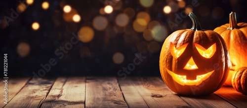 Carved pumpkins on wooden t...