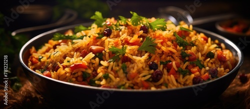 Bowl of rice and herbs with...