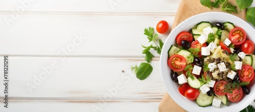 Greek salad in white bowl t...
