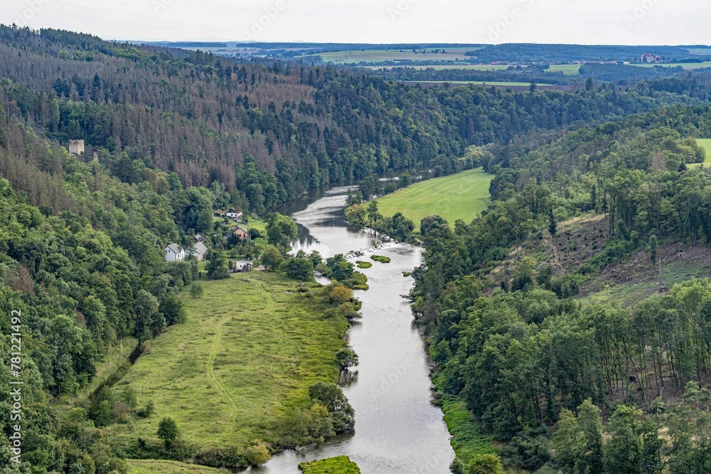 Aerial view of the Berounka river in the greenery of Havlova Skala Observation