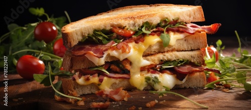Crunchy bacon and cheese sandwich on wooden board