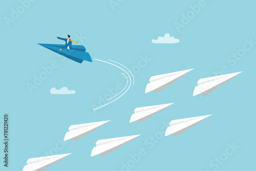 Change career path or difference direction, leadership or individual freedom to choose own way to success, courage to see opportunity concept, businessman flying origami airplane change direction.