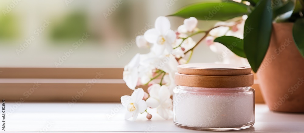 Cosmetic jar with pink sugar and flowers Cosmetic jar with pink sugar and flowers