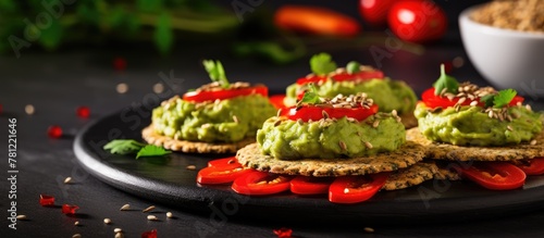 Plate of crackers topped with guacamole and tomatoes © vxnaghiyev