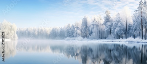 Lake surrounded by snowy trees © vxnaghiyev