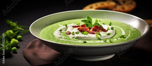 Green pea and bacon soup in a bowl © vxnaghiyev