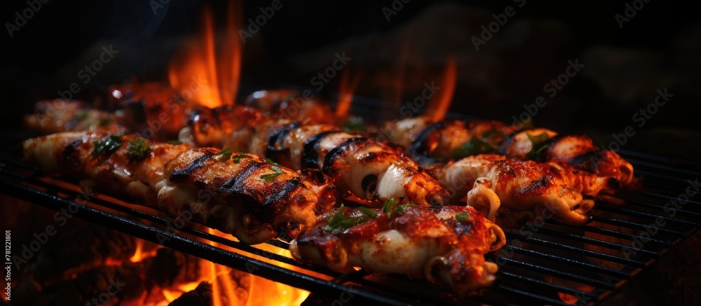 Fresh meat cooking on flaming grill Fresh meat cooking on flaming grill