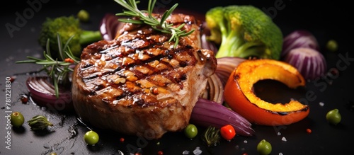 Juicy steak surrounded by v...