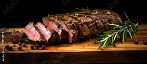 Sliced steak on wooden boar...