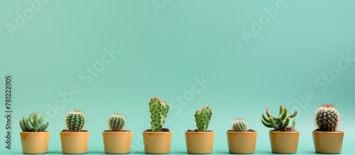 Green cacti in small yellow pots on blue backdrop