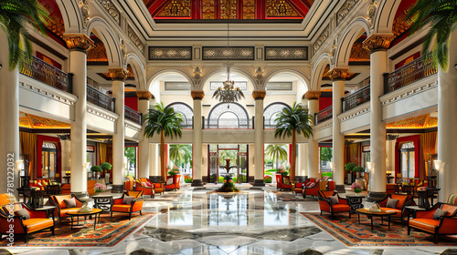 Luxurious Hotel Lobby in an Exotic Locale, Welcoming Guests with Opulent Decor and a Taste of Local Elegance photo