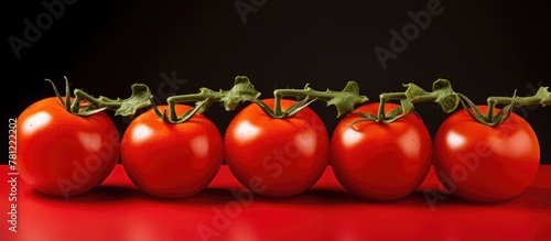 Five red tomatoes in a row on a crimson surface © vxnaghiyev
