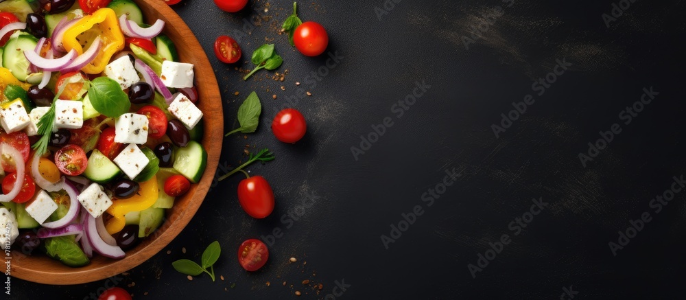 Fresh vegetables and feta cheese in a bowl on dark tabletop