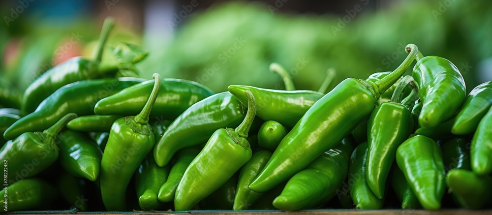 Green peppers on display at a market stand Green peppers on display at a market stand