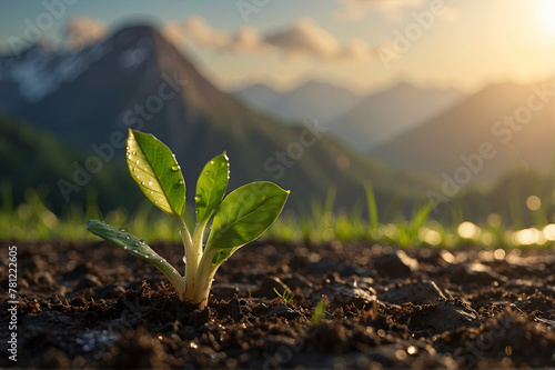 Close-up of a sprout covered with drops of morning dew. In the blurred nature background there are tall mountains, the height of which the sprout strives for. Ecology, motivation concept photo