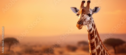 Giraffe in field during sunset