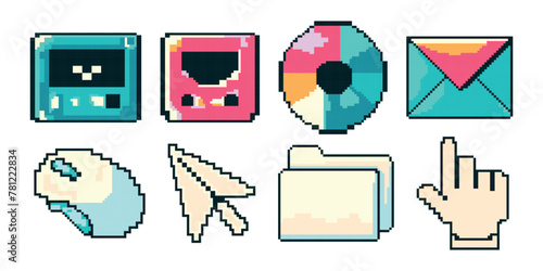 Icons of the computer interface in the pixel art style. Cassette, floppy disk, laser, disk, cursor, computer mouse, hand, letter, folder, documents in retro style of the 80s, 90s. Vector illustration.