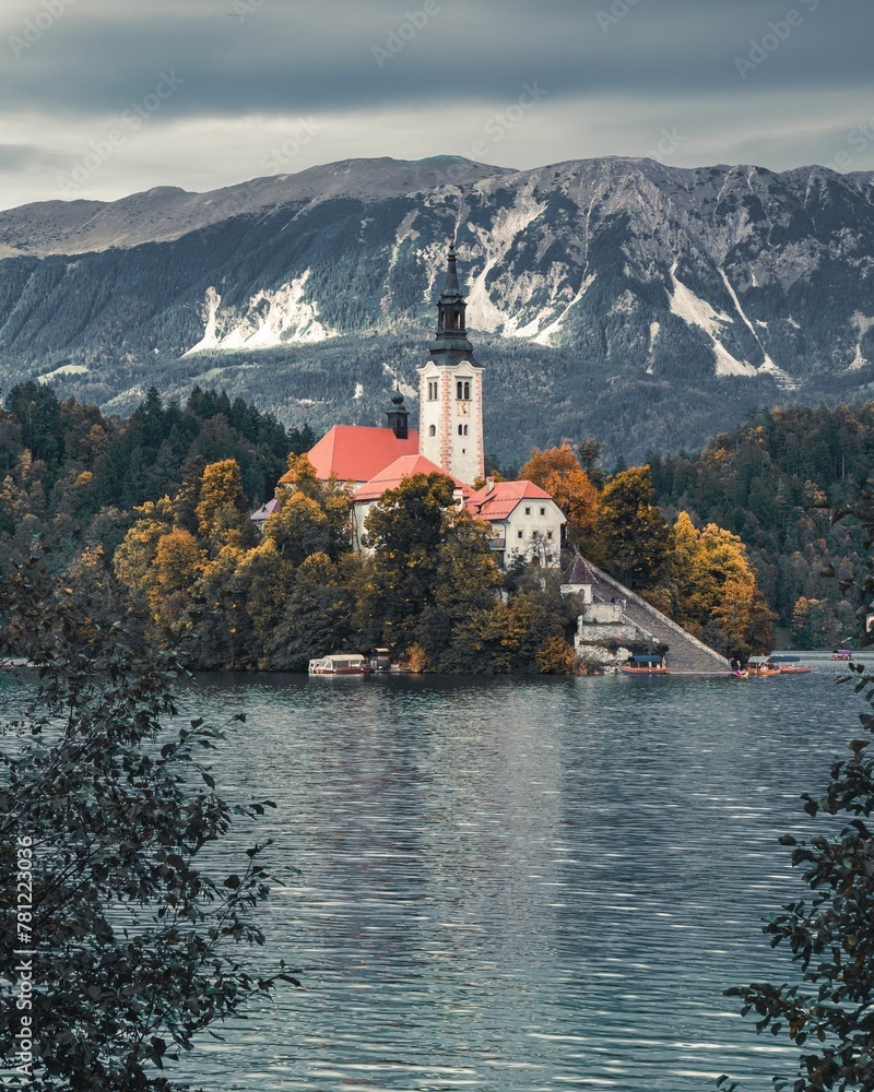 Lake Bled on a cloudy day in the Julian Alps of the Upper Carniolan region of northwestern Slovenia