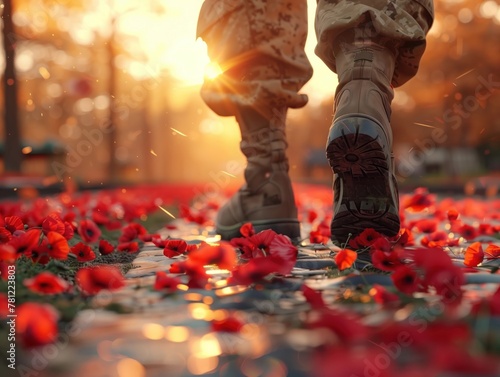Veteran soldier, standing at a war memorial, honoring fallen comrades Poppies scattered at his feet, symbolizing sacrifice and loss, Golden Hour, Lens Flare