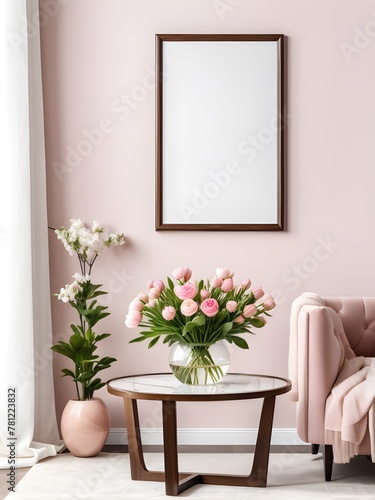 Mockup poster frame on the wall of pink living room, interior mockup design, frame mockup © Hala