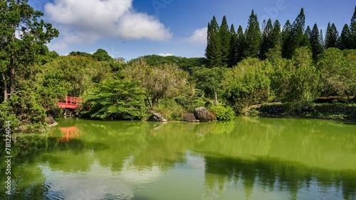 Beautiful Japanese garden with a lake, green vegetation, and a small bridge.