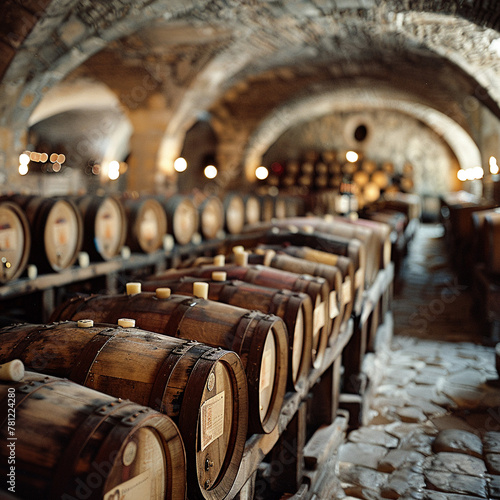 Vintage Winemaking Cellar with Barrels in Soft Focus