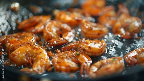 Shrimp cooking in pan with oil and spices on top