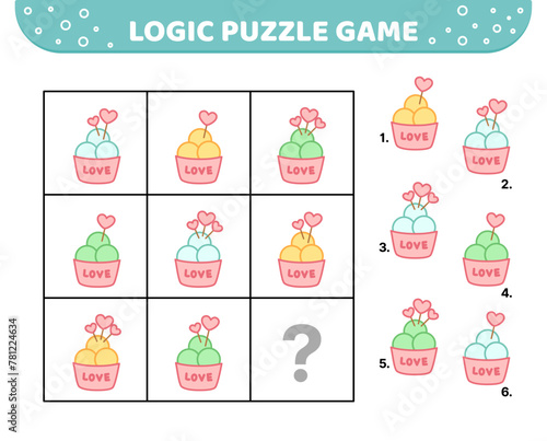 Logic puzzle game. Scoops of ice cream. For kids. Cartoon