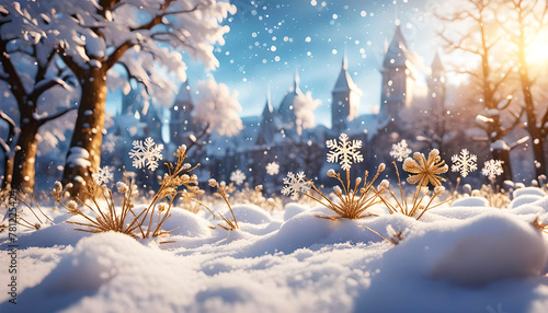 Winterlandschaft Berge mit Schnee und Eis bedeckt, Schneeflocken glitzern in der Luft, warme Sonne Strahlen in goldener Stunde erhellen die winterliche Weihnachten in weiß friedlich ruhig frostig kalt photo