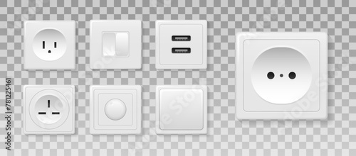Set of different types of power switches. Power electrical socket electricity turn off and on plug realistic pictures. Square rectangular and round white wall switch and sockets. Vector illustration.
