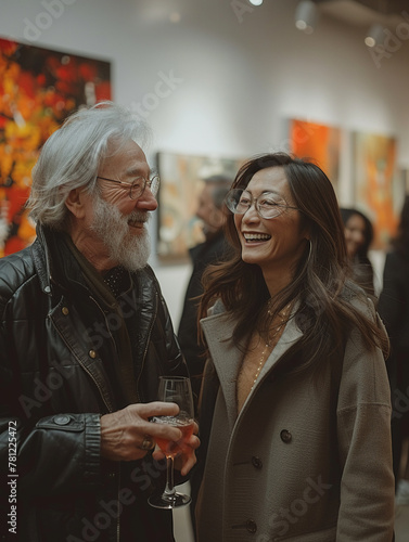 Artists and Patrons Mingling at a Chic Gallery Opening Night photo