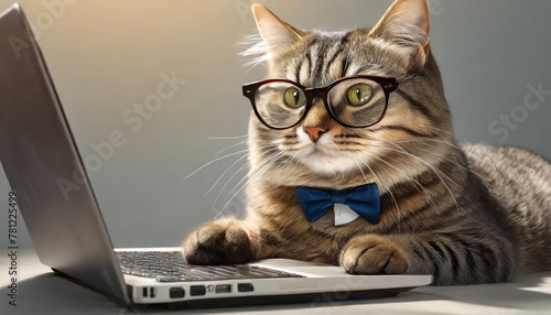 A cat wearing glasses conducting business with a laptop realistic , generated by AI