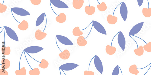 Cute cherries with leaves pattern illustration on white background. Cherry for design. Menu posters. Vector EPS 10