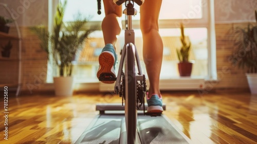 A person cycling on a stationary bike at home, getting a cardio workout indoors. photo