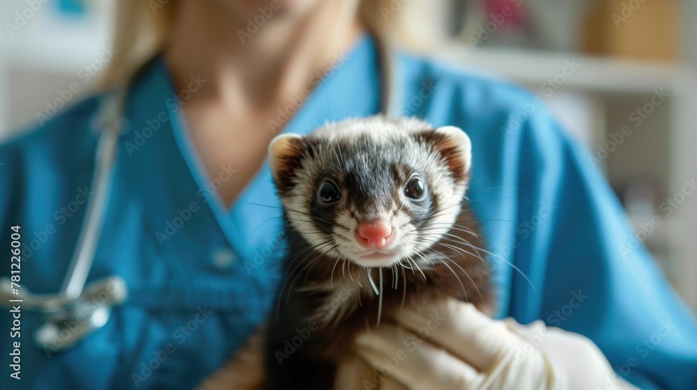 An exotic pet veterinarian providing care to a ferret, with clinical background and space for educational content