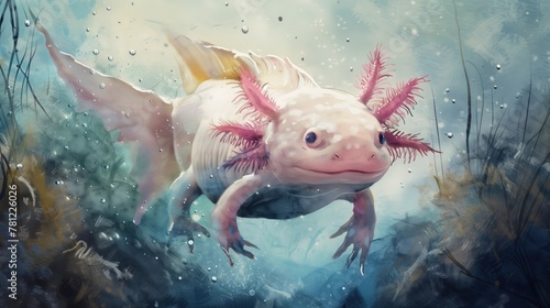 Axolotl underwater, its gills detailed in soft watercolors, creating a serene image against a tranquil, empty backdrop photo
