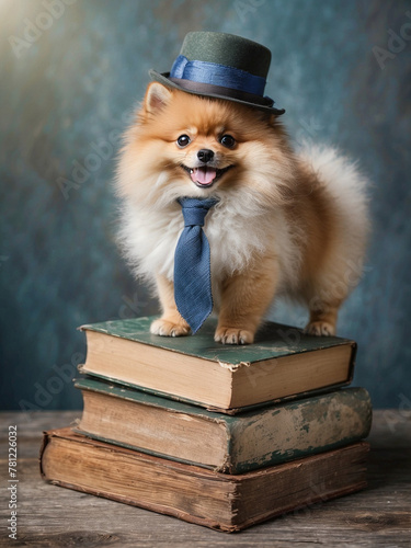 cute pomeranian puppy dog portrait standing on books, wearing a tie and hat