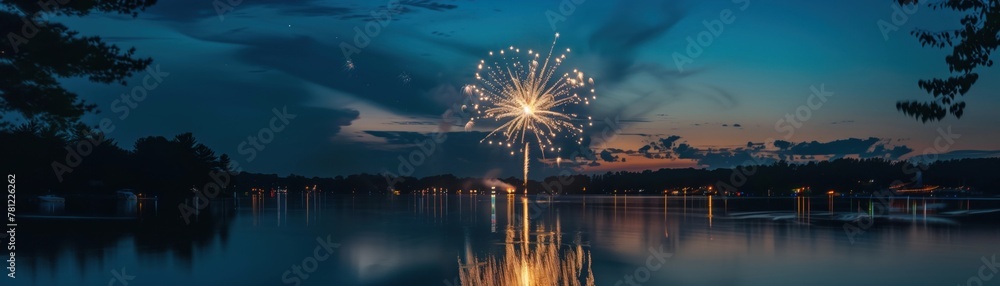 Firework display over the lake, reflections and colors bursting in the night sky, framed with space for event details