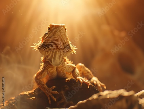 Exotic pet care, a hyper-realistic portrait of a bearded dragon basking under a warm light, with ample empty space for design elements photo