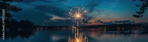 Firework display over the lake  reflections and colors bursting in the night sky  framed with space for event details
