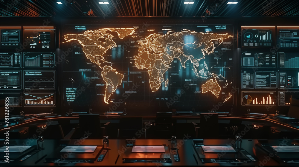 military or space control point where the main screen displays the world map. - obrazy, fototapety, plakaty 