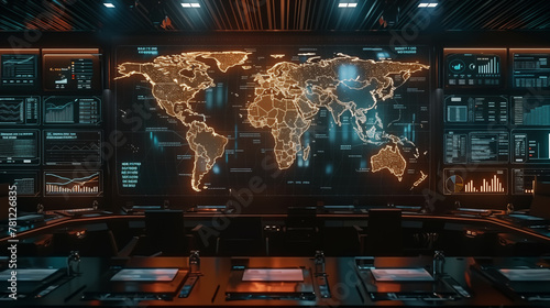 military or space control point where the main screen displays the world map.