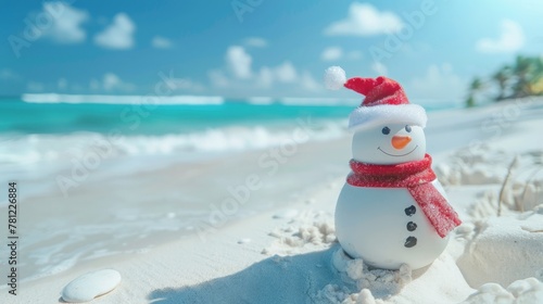 A snowman sits on the sandy shore