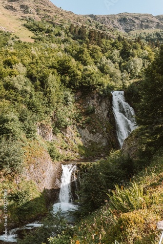 Vertical shot of a waterfall flowing down the rock covered in trees.