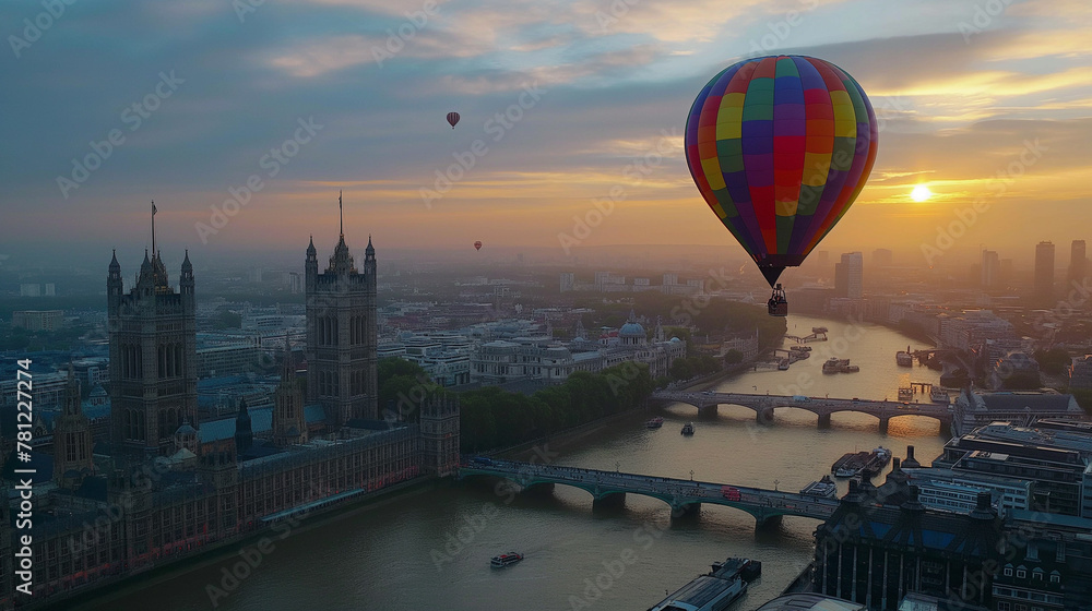 Hot air balloon in flight over London.