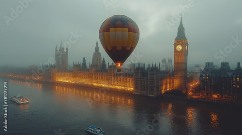 Hot air balloon in flight over London.