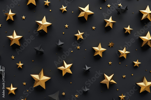 3d illustration of golden stars background on black, flat lay