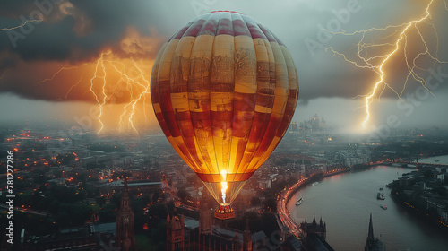 Hot air balloon in flight over London.