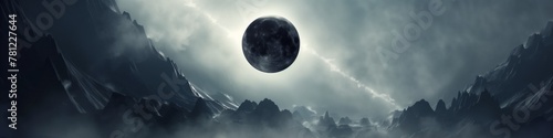 tranquil eclipse moon rising over surreal mountainous landscape in shades of night, ethereal night sky as moon illuminates mystical mountain peaks and mist

 photo