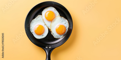 Fried eggs in a pan. Top view, flatlay. Generative Ai